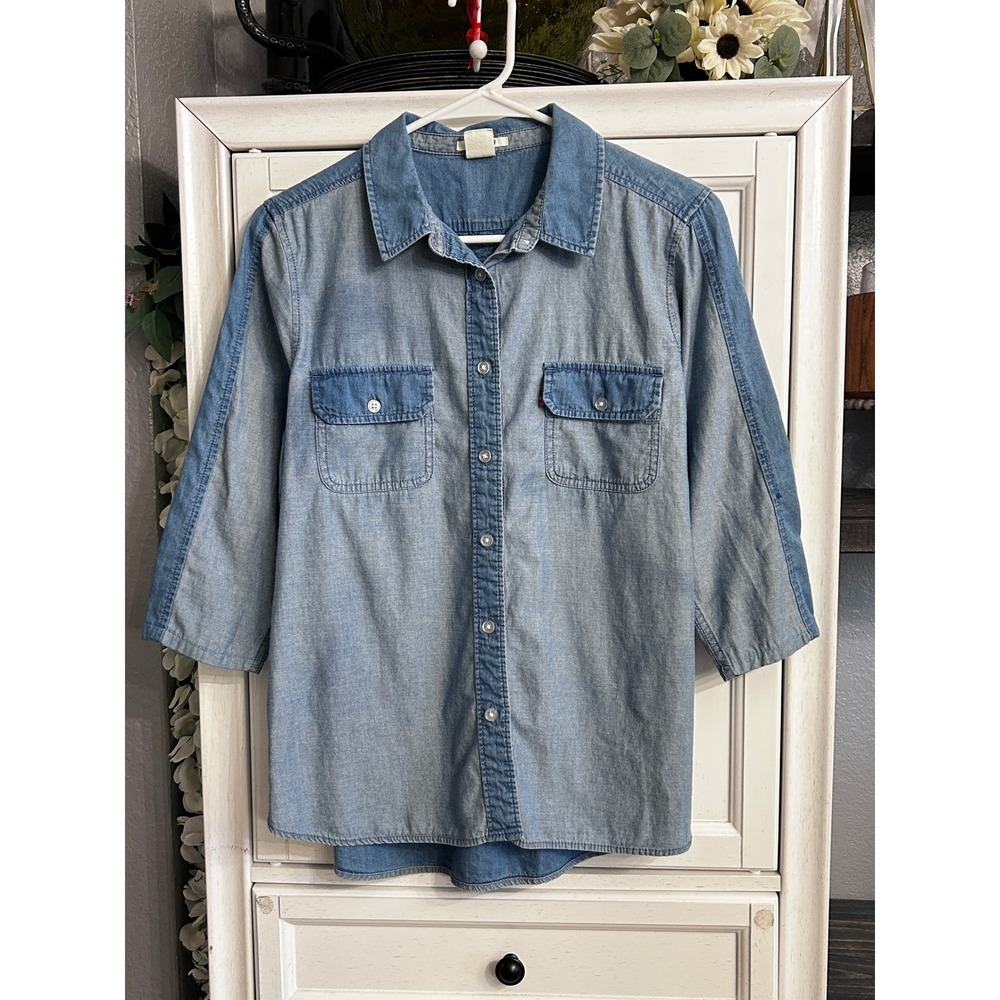 Levis Denim Button Down Shirt Light Wash 3/4 Sleeve Cotton Top Medium